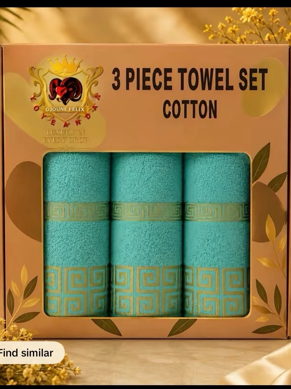 3-Piece Cotton Towel Set - Aqua with Gold Trim